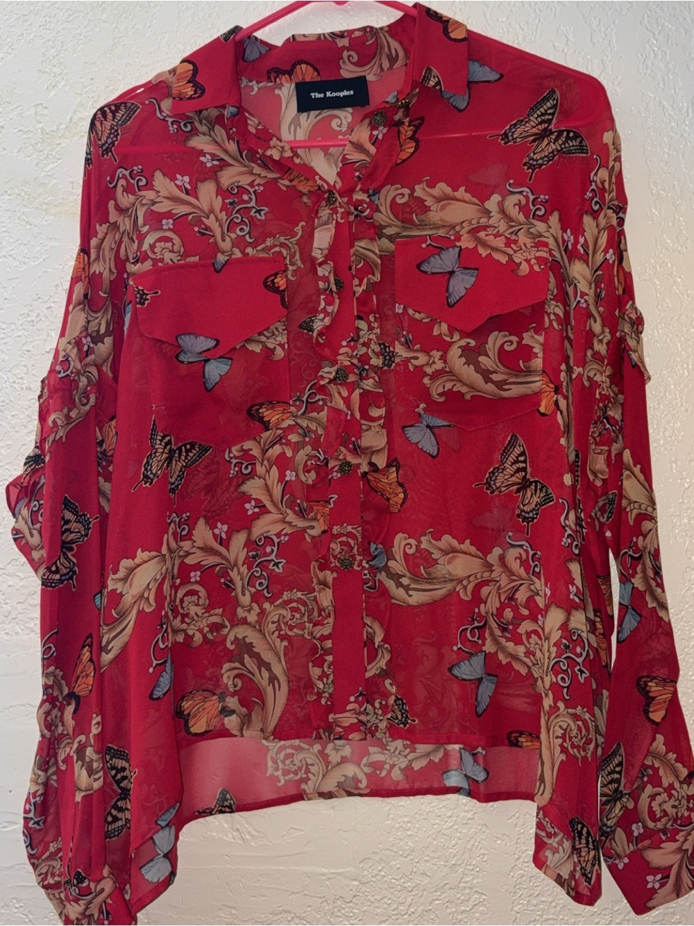 The Kooples Red Butterfly & Scroll Print Semi-Sheer Button Down